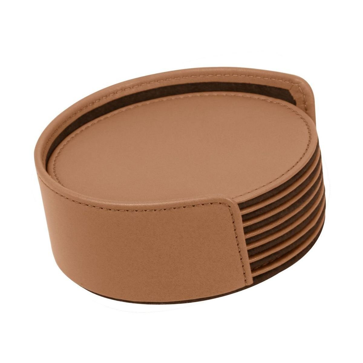 Tan Round Smooth Cow Leather  6 PC Coasters WAUCUSTPM1358